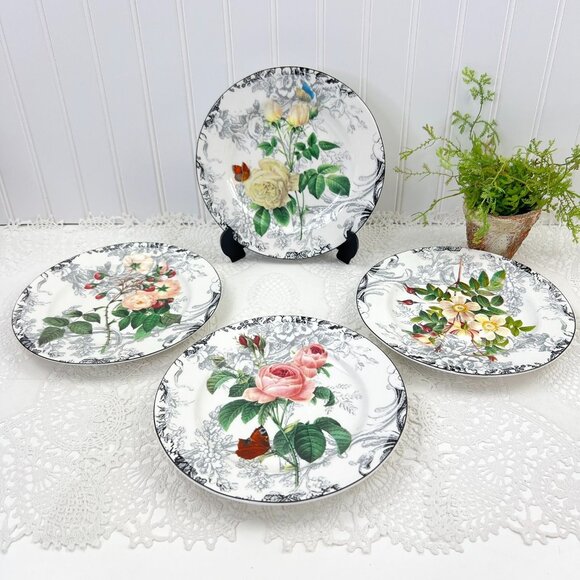 American Atelier Set of 4 Rose Toile Porcelain Salad Lunch Plates 8 In Floral - Picture 1 of 9